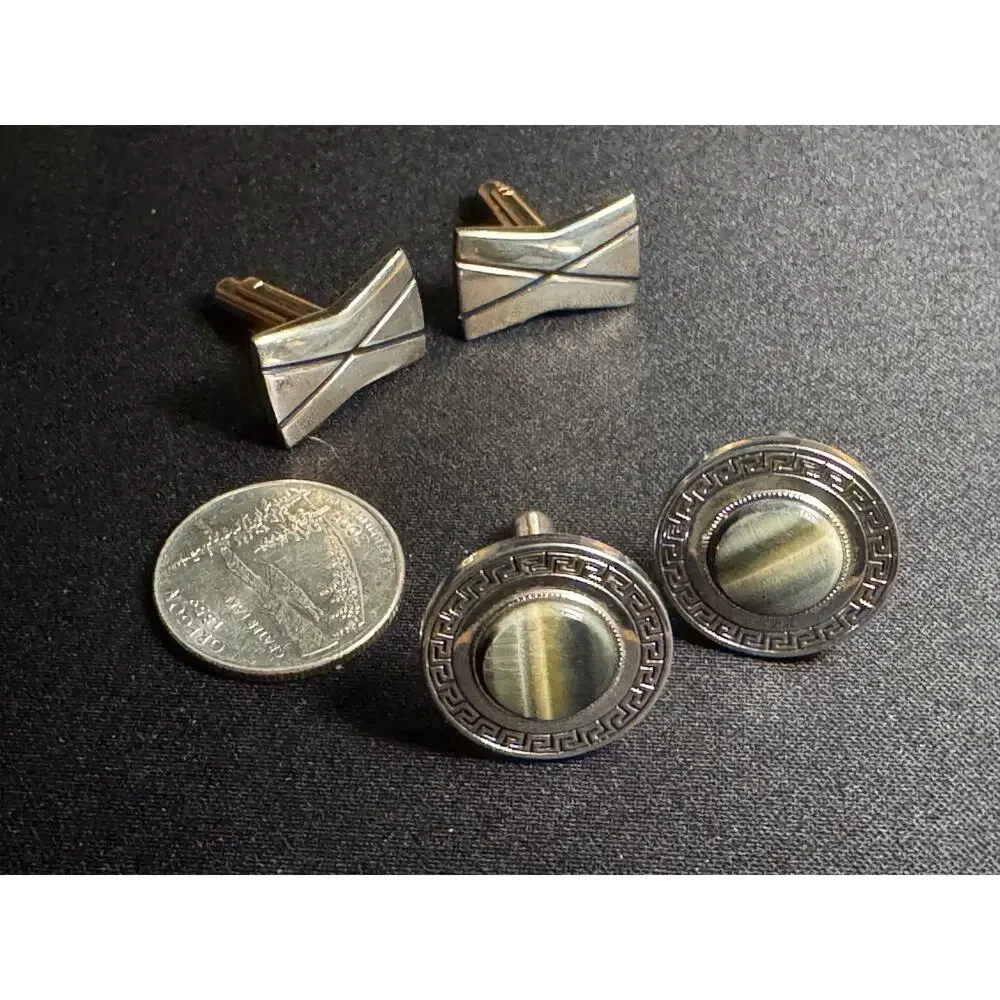 2 Pair of Vintage Cuff Links Silver Agate & Gold Tone Bowtie